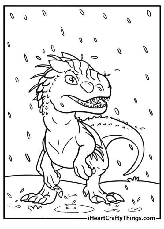 Indominus Rex in the rain free printable coloring page