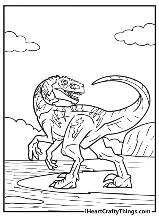 Indominus Rex near the water fun printable jungle coloring sheet