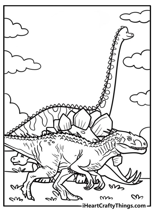 Indominus Rex next to other dinosaurs detailed coloring sheet
