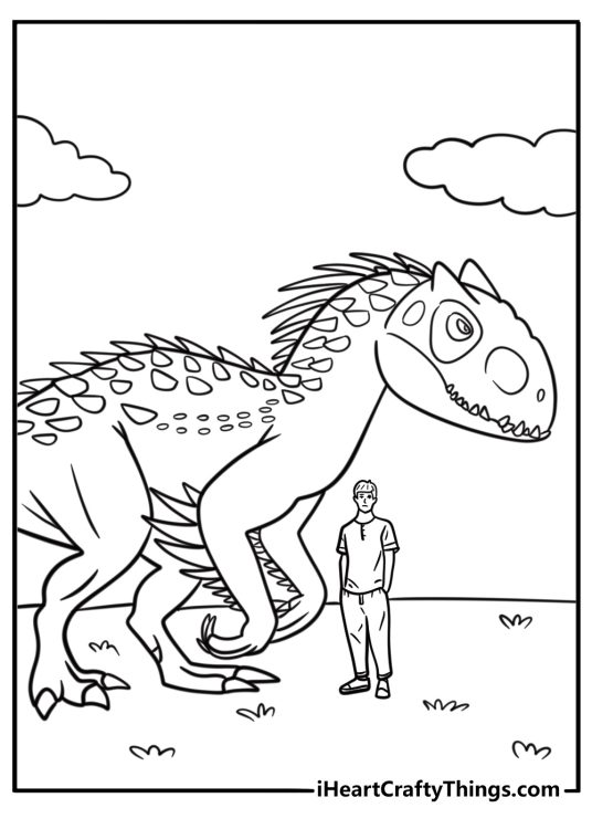 Indominus Rex showing its size next to a person detailed coloring sheet