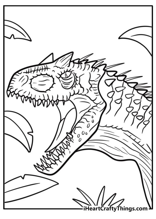 Indominus Rex showing sharp teeth free coloring page pdf