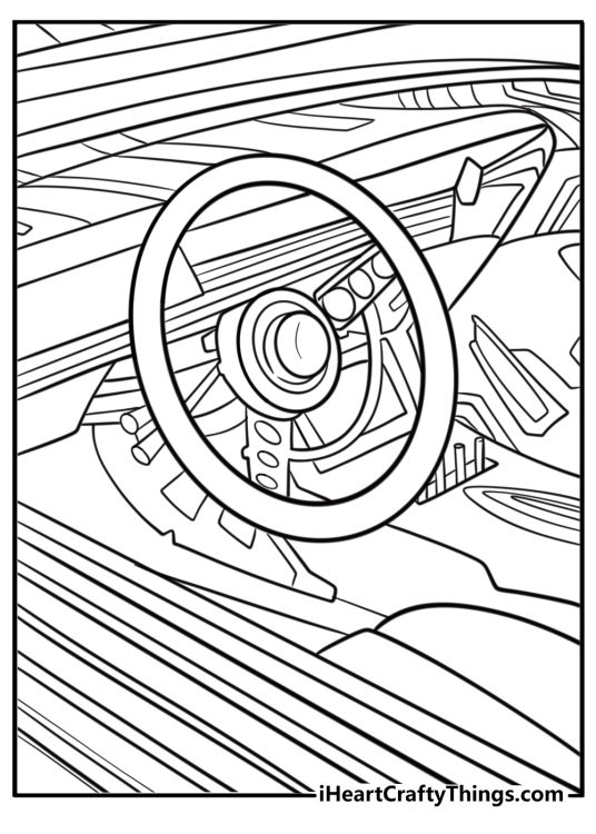 Interior view of lowrider with custom steering wheel coloring page