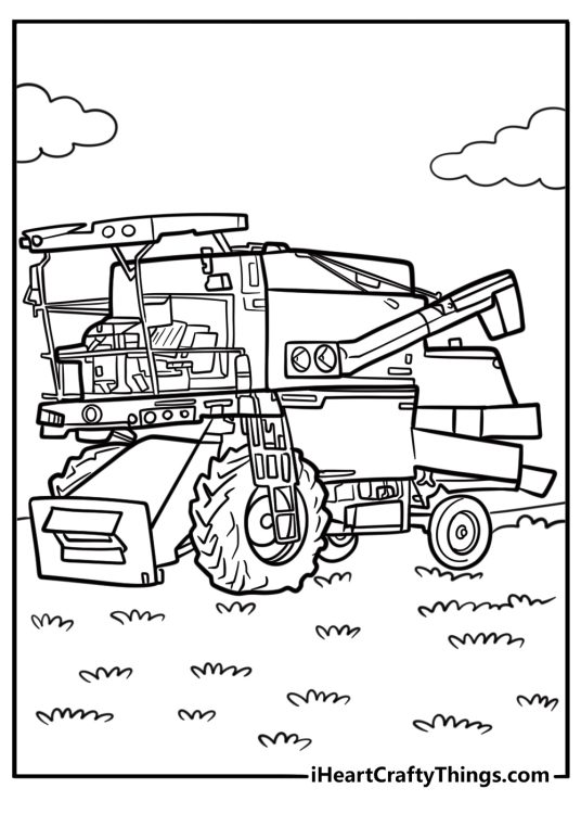 John Deere combine harvester in a field coloring page