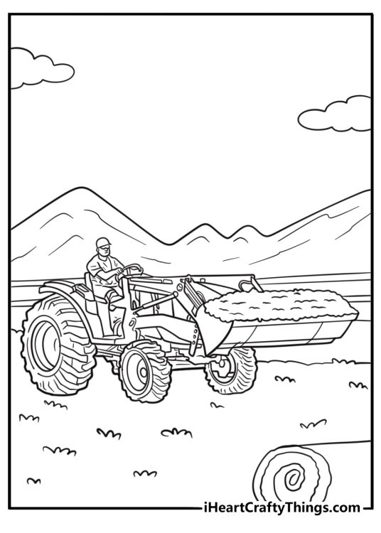 John Deere compact tractor in a barnyard coloring page