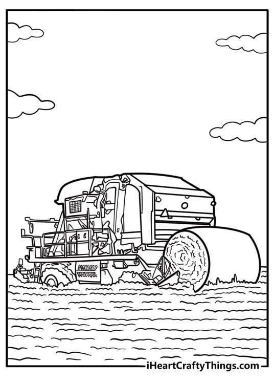 John Deere cotton picker harvesting crops free coloring page
