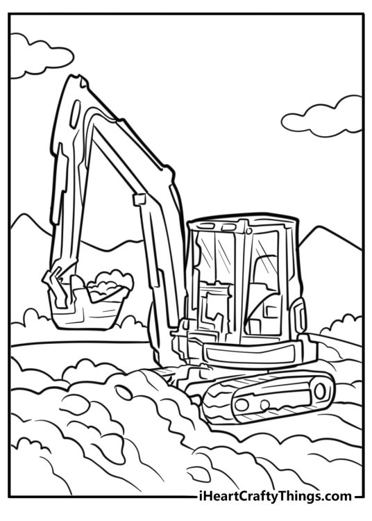John Deere excavator lifting dirt printable coloring page