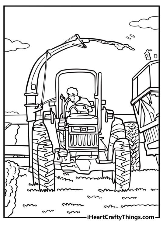 John Deere forage harvester cutting crops coloring sheet