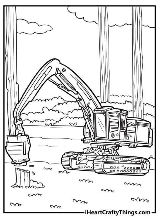 John Deere forestry machine cutting trees coloring page