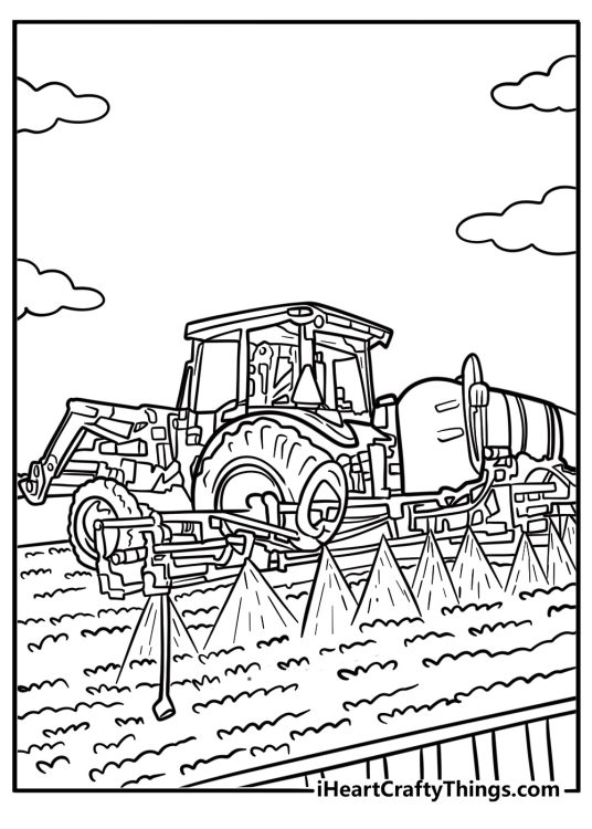 John Deere sprayer working on a farm fun coloring sheet