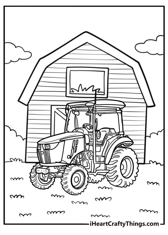 John Deere tractor in front of a barn fun coloring sheet