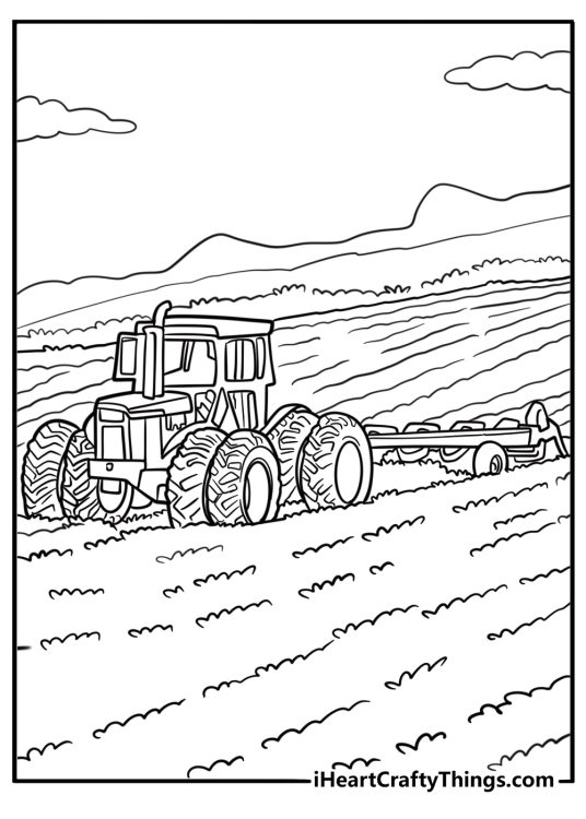 John Deere tractor pulling a plow fun printable sheet
