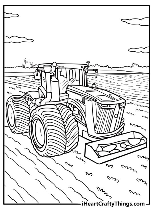 John Deere tractor with big tires in a field free coloring page