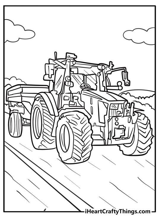 John Deere tractor with trailer on a dirt road coloring page