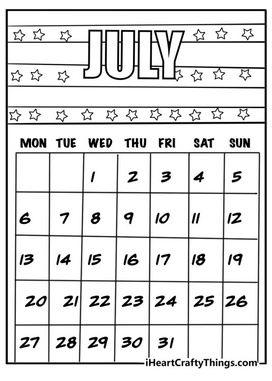 July calendar page with stars and stripes design coloring page