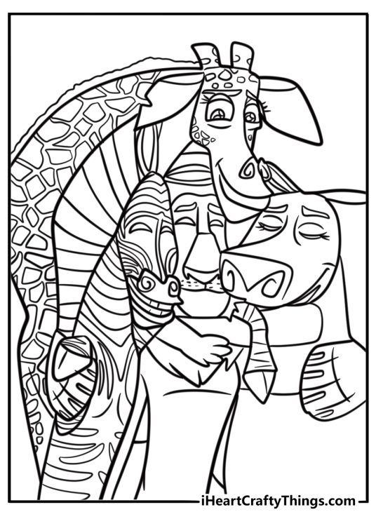 Jungle animals celebrating in Madagascar coloring page