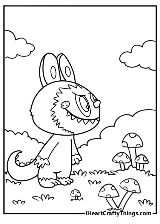Labubu exploring a mushroom field coloring page