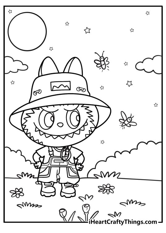 Labubu looking at glowing insects coloring page