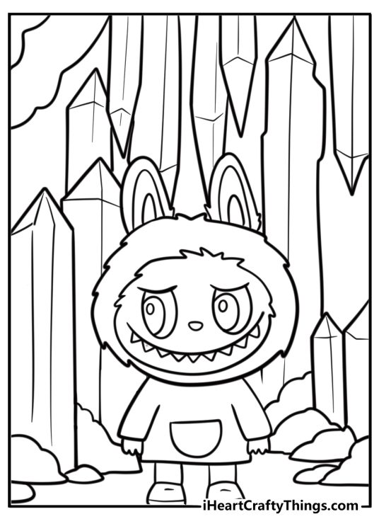Labubu near glowing crystal underground printable coloring page