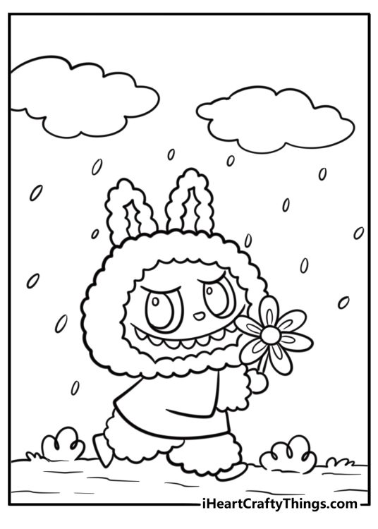 Labubu running through the rain coloring sheet