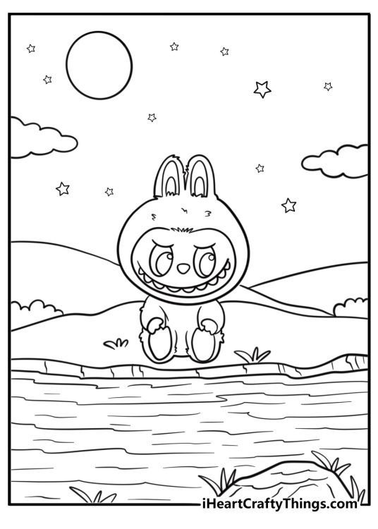 Labubu sitting beside a river at night printable coloring sheet