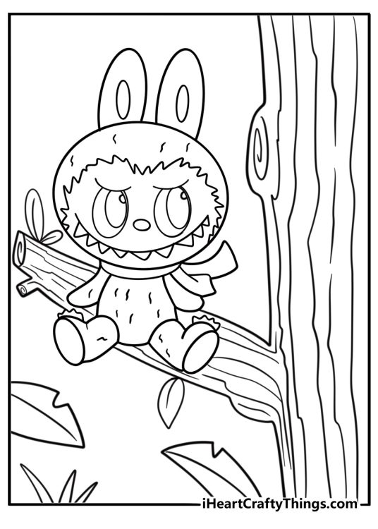 Labubu sitting on a tree branch printable coloring sheet