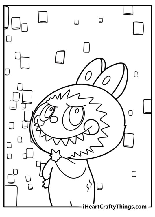 Labubu surrounded by floating lights coloring sheet
