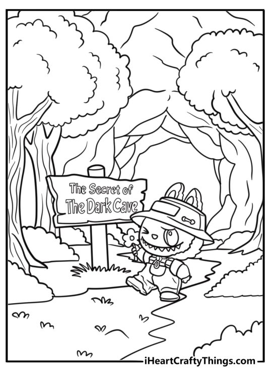 Labubu walking through a dark cave coloring sheet