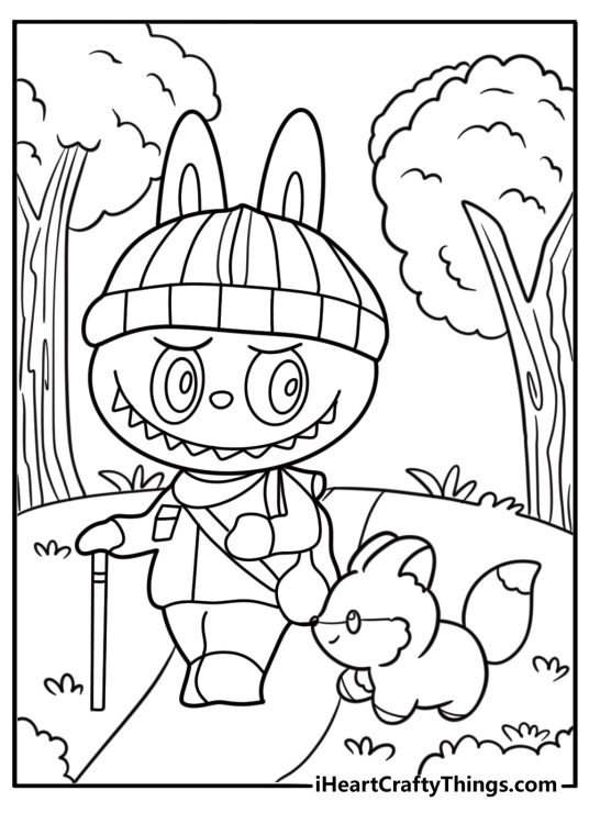 Labubu walking with small forest creatures coloring page