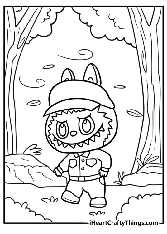 Labubu wearing a cape in a windy forest printable coloring page