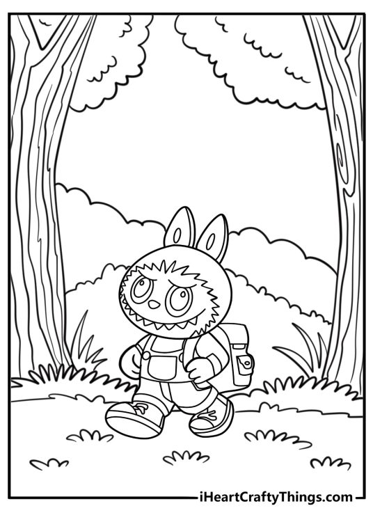 Labubu with a backpack in the woods coloring sheet