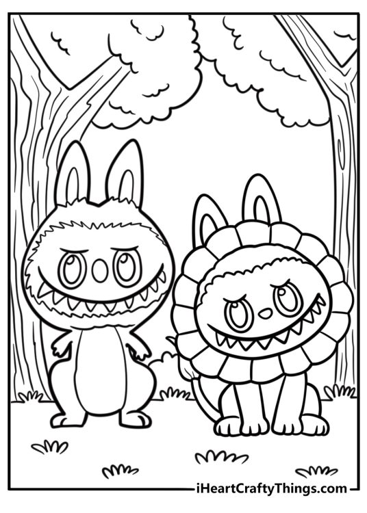 Labubu with forest animals free printable coloring page