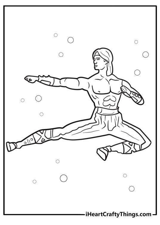 Liu Kang performing a flying kick printable coloring sheet