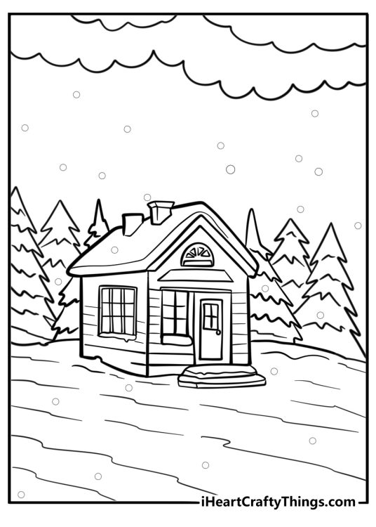 Log cabin in a snowy mountain setting coloring page
