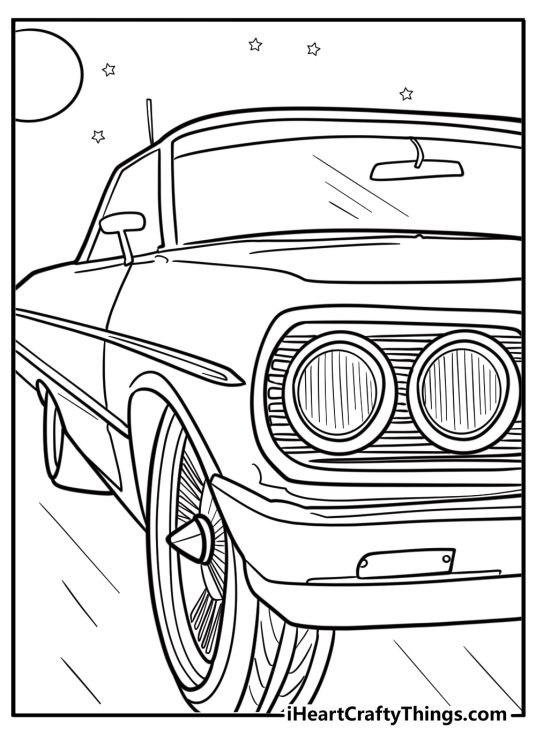 Lowrider at night with headlights on coloring page