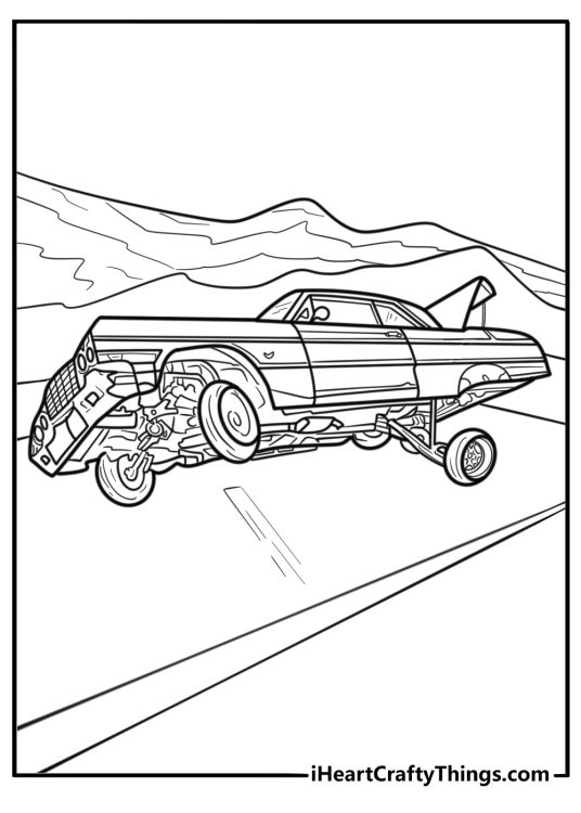 Lowrider bouncing on one side printable coloring sheet