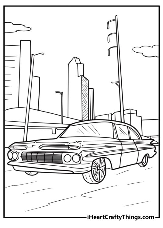 Lowrider car in a city scene free coloring sheet