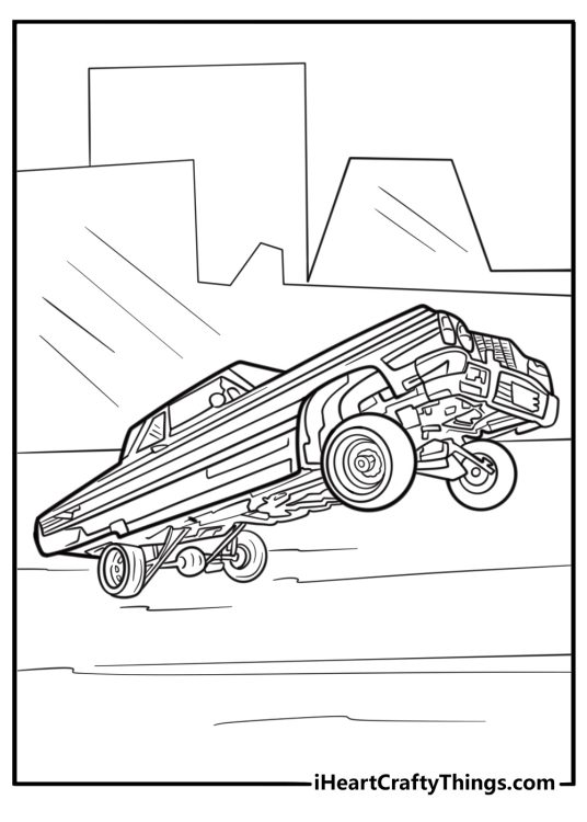 Lowrider car with raised front wheels coloring page