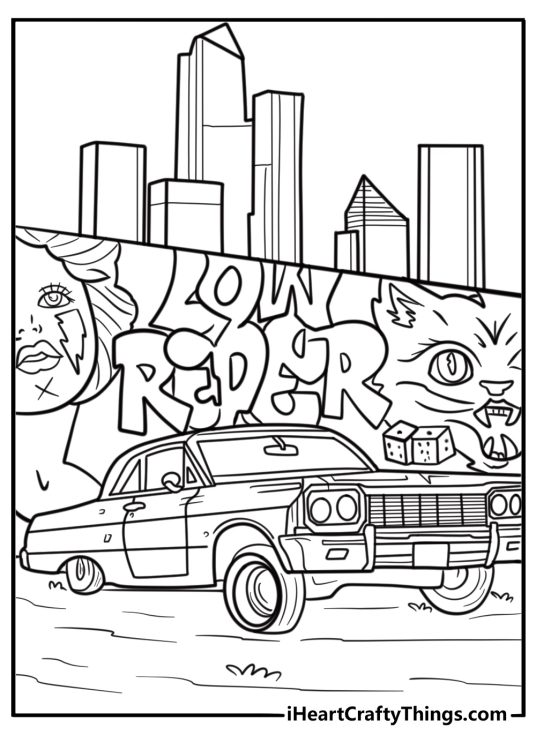 Lowrider in front of a graffiti wall printable coloring sheet