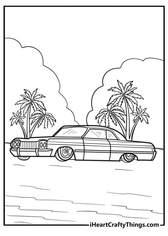 Lowrider parked in front of palm trees coloring page