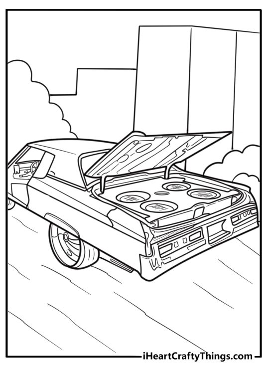 Lowrider trunk with subwoofers and speakers coloring page