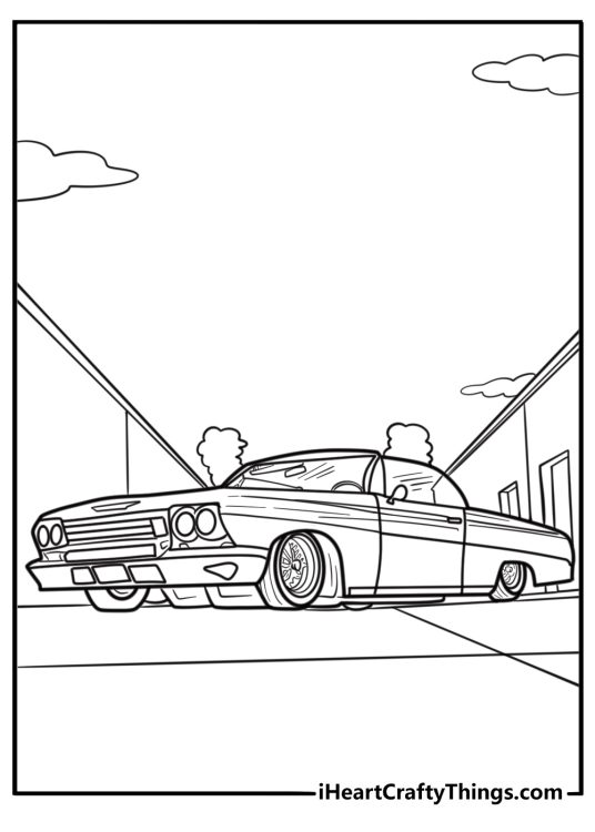 Lowrider with whitewall tires parked in alley coloring sheet