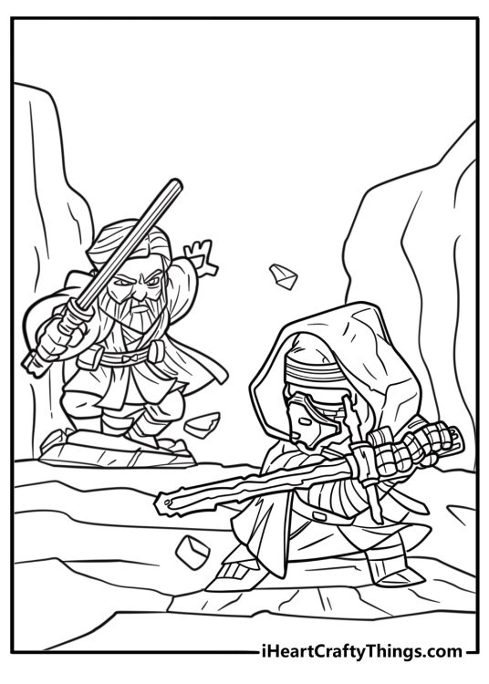 Luke fighting Darth Vader with lightsabers coloring sheet