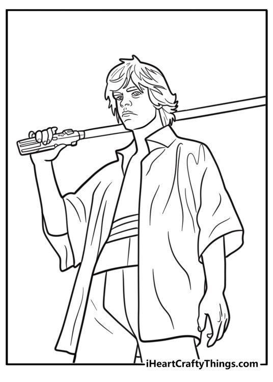 Luke holding a blue lightsaber printable coloring sheet
