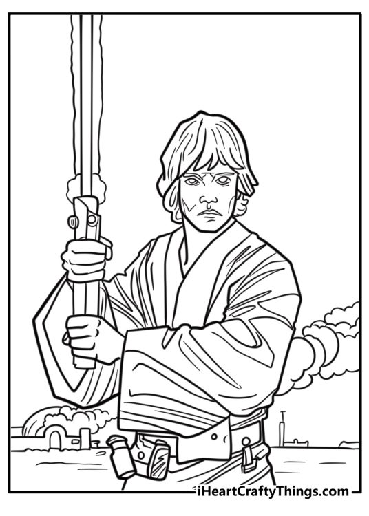Luke Skywalker holding a lightsaber coloring page