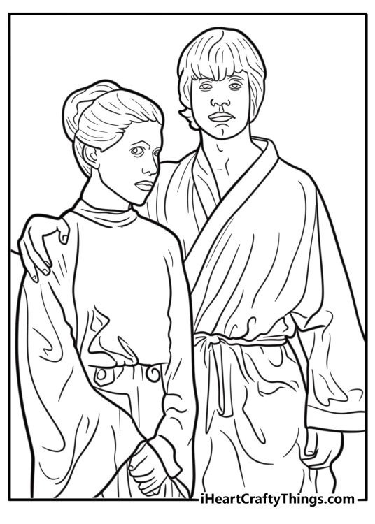 Luke Skywalker standing next to Princess Leia coloring page