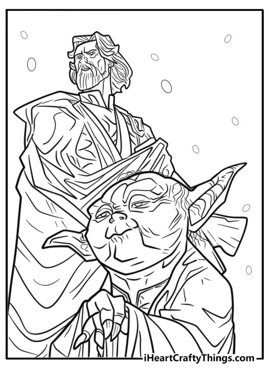 Luke training with Yoda on Dagobah coloring sheet