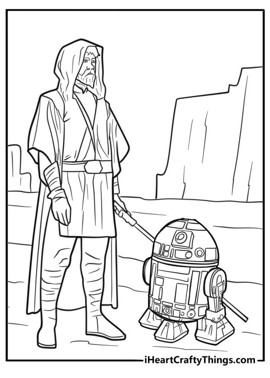 Luke with R2 D2 in the desert printable coloring page