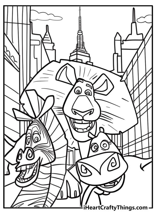 Madagascar animals in the city coloring page
