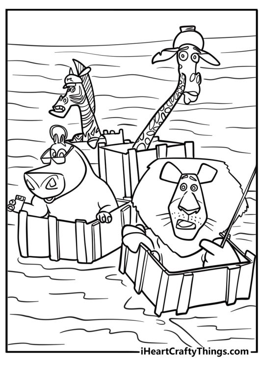 Madagascar animals on a boat coloring sheet