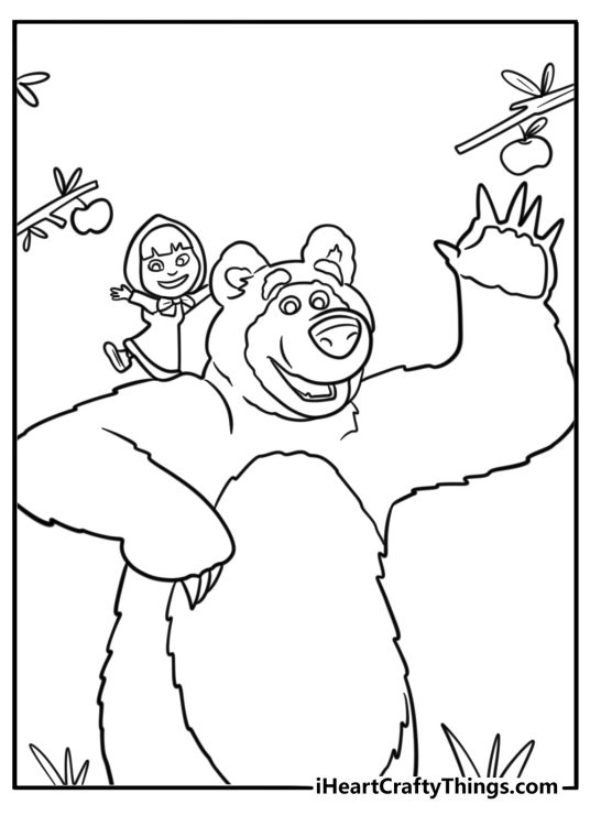 Masha and Bear picking apples in the forest coloring sheet